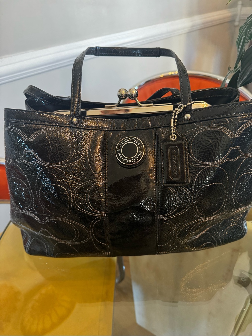 Coach Black Patent Leather Signature Tote with Kiss-Lock Frame